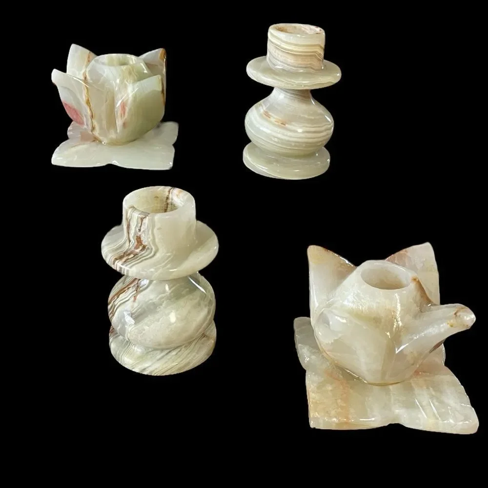 Vintage Set of 4 Elegant Onyx Candle Holders Green Cream Tan
